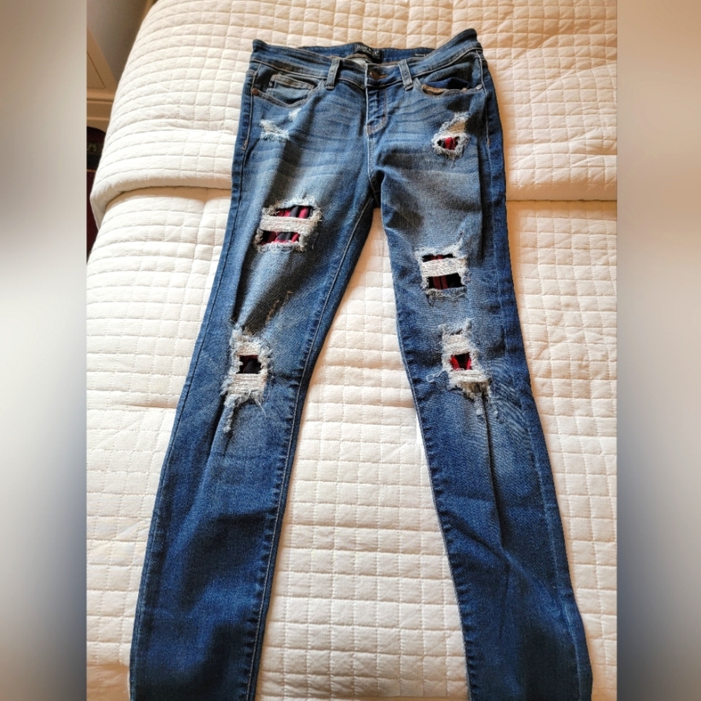 Judt Blue Distressed Plaid Skinny Jean